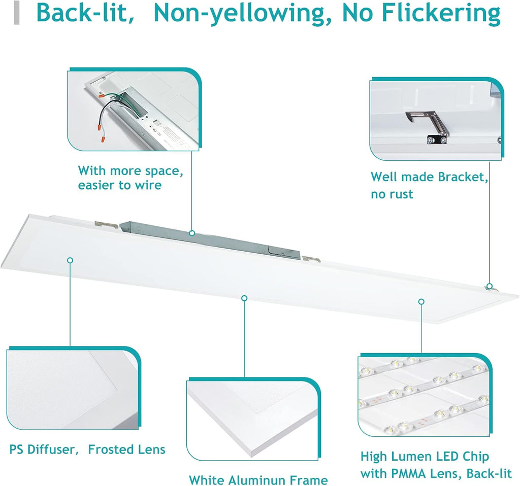 1x4 LED Flat Panel Light 5000K 4000K 3000K - 1x4 LED Troffer Drop Ceiling Light Fixture, 0-10V Dimmable, 100-277V, ETL Listed, 4 Pack