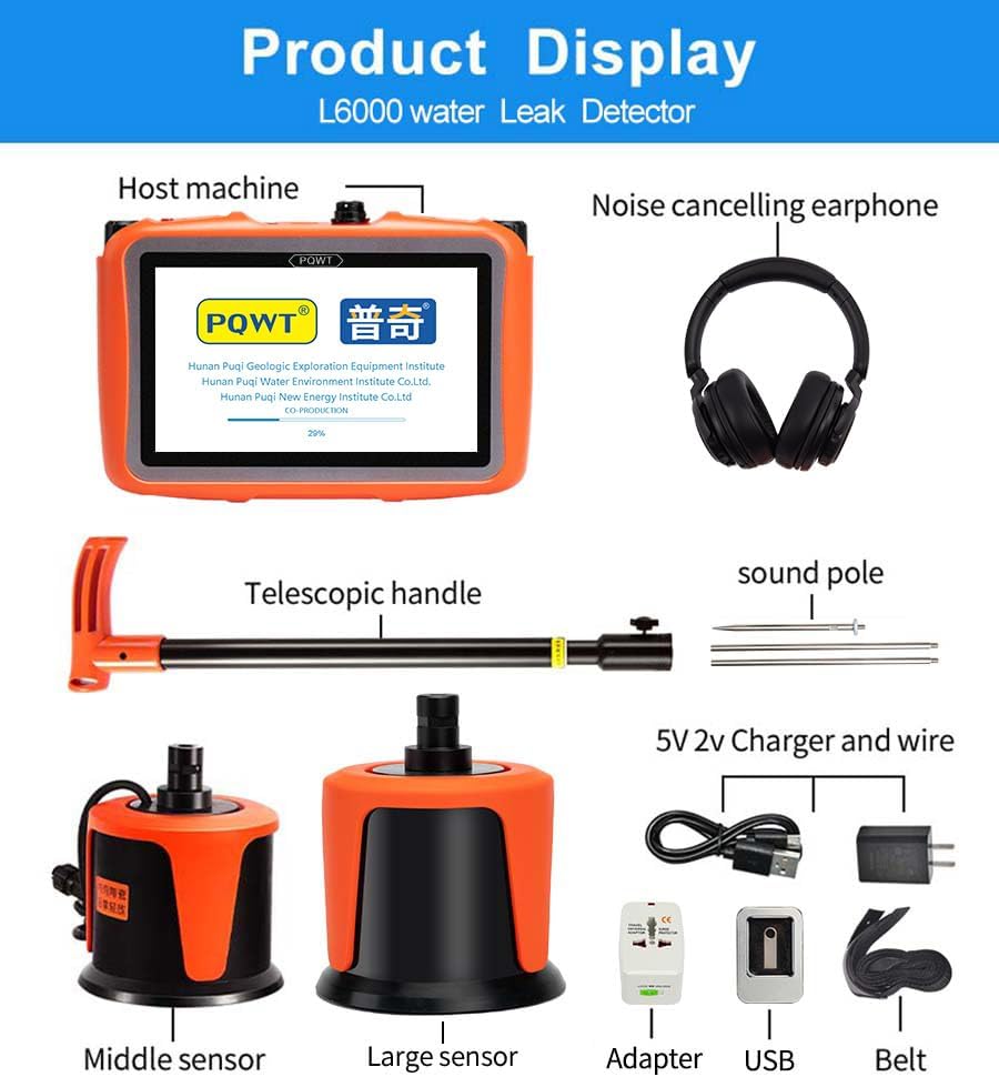 PQWT L6000 Acoustic Water Leak Detector for Outside Ground and Wall Water Pipeline Leakage Detection Kit Multi Sensor Professional Noise Reduction Headphone Smart Touchscreen Aluminum Carry Case