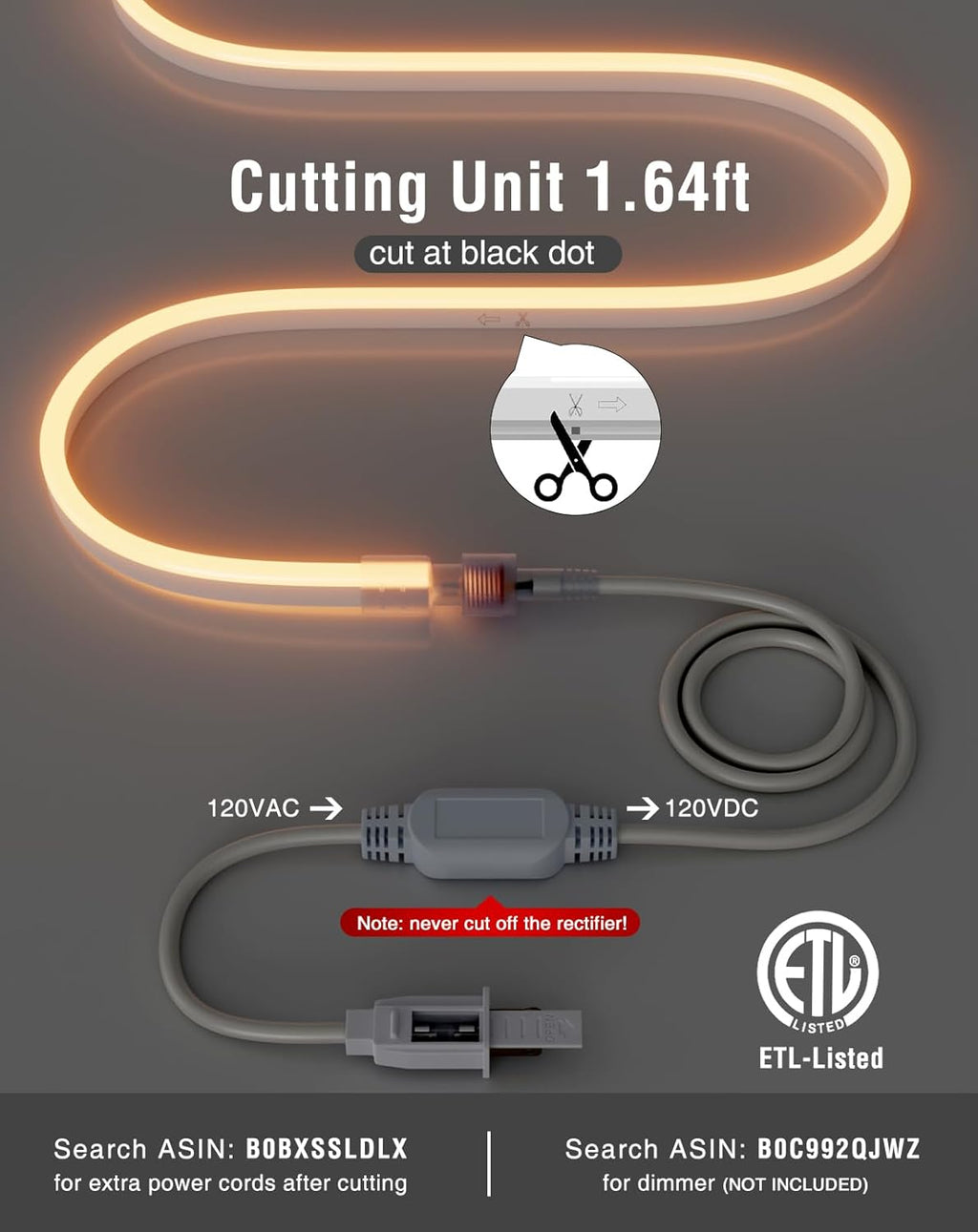 Shine Decor LED Neon Rope Lights AC 120V, Expandable & Cuttable 120LEDs/M Bright Strip Lighting, ETL Cold-Resistant & IP65 Waterproof for Indoor Outdoor, 8x16mm, 2500K Warm White, 32.8ft