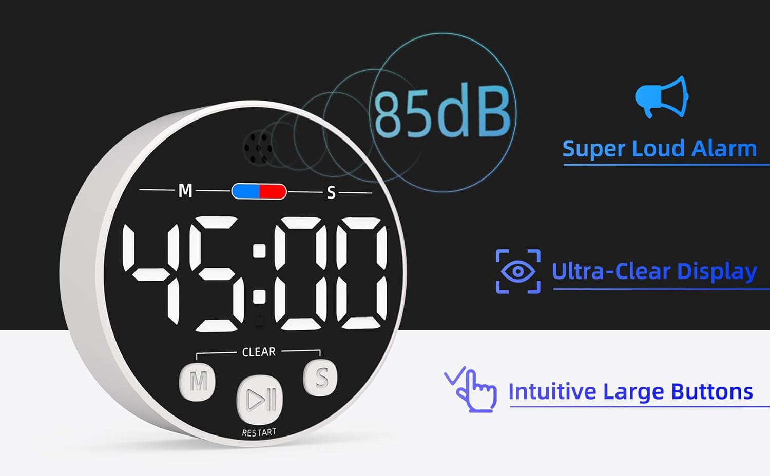 Large LED Digital Timer, Magnetic Countdown Loud Timer for Kitchen Cooking, Classroom Whiteboard, Kids, Toddler, Game, Productivity, Focus, Work, Task, Office, Meeting – Small, Simple, Visual, White