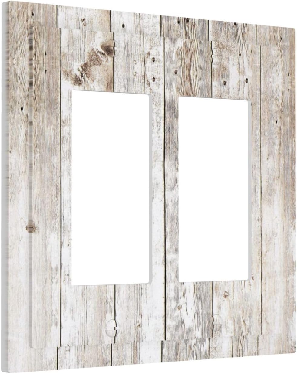 Vintage Light Wood Retro Rustic White Gray Oak Print Decorative Outlet Covers 2 Gang Double GFCI Rocker Electrical Wall Panels Light Switch Cover Plate for Farmhouse Home Decor