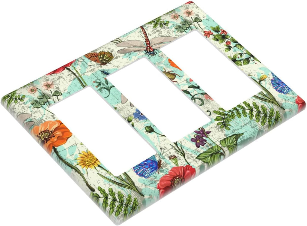 Dragonflies Flowers Butterfly 3 Gang Triple Rocker Outlet Light Switch Cover Decorative Wall Plate Cover For Home Living Bedroom Kitchen Decorative