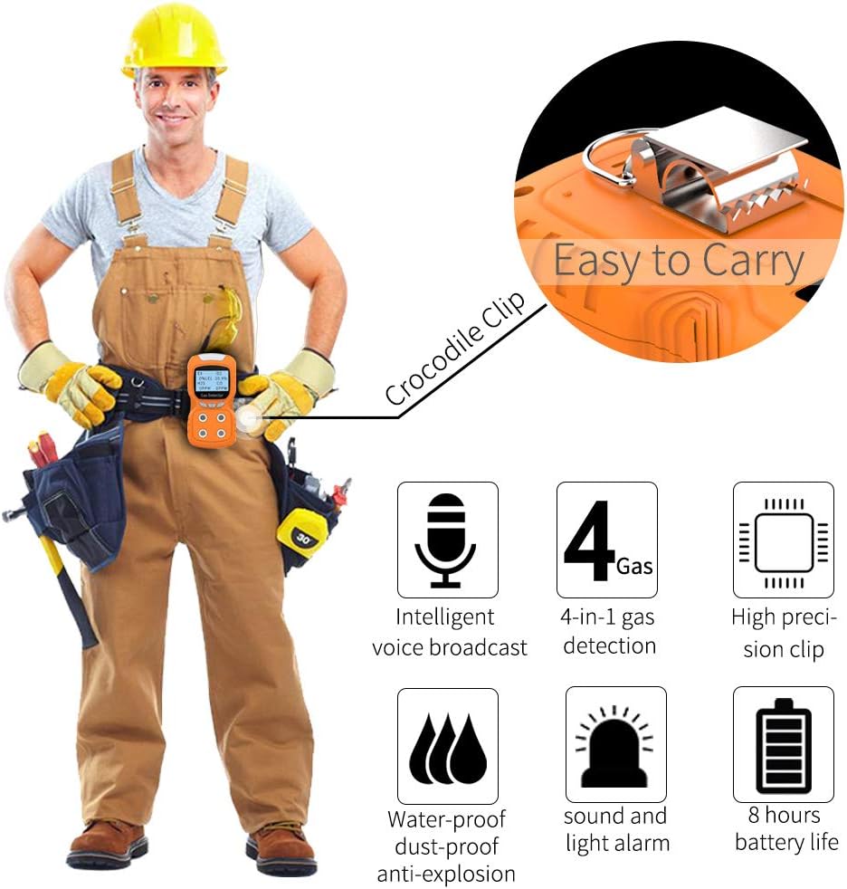 Portable Gas Detector, Gas Clip 4 Gas Monitor Meter Tester Analyzer, Rechargeable LCD Display Sound Light Shock Air Quality Tester, 2 Year Detector…