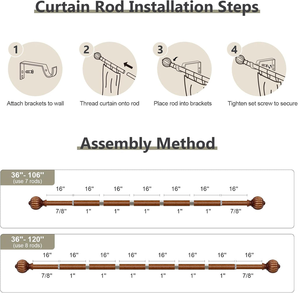 Dark Brown Wood Curtain Rods for Windows 66 to 120 Inch, 1'' Adjustable Heavy Duty Curtain Rod，Vintage Imitation Wood Decorative Drapery Rods with Pumpkin Finials for Bedroom Living Room
