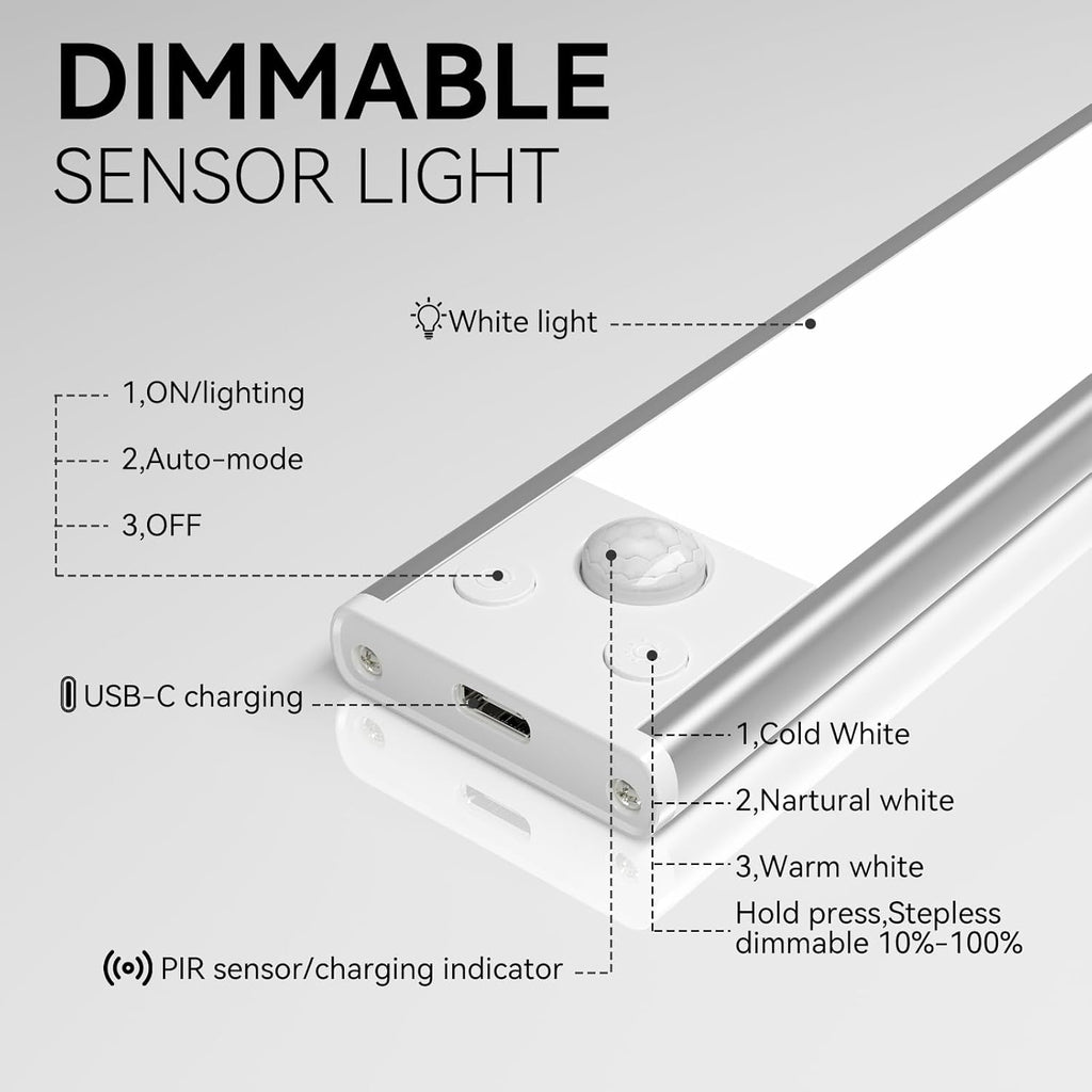 Under Cabinet Lighting, 3 Color Magnetic Motion Activated Under Cabinet Lights, Rechargeable Closet Lights 2500mAh Battery Operated, Wireless Dimmable Under Counter Lights for Kitchen,Hallway 4 Pack