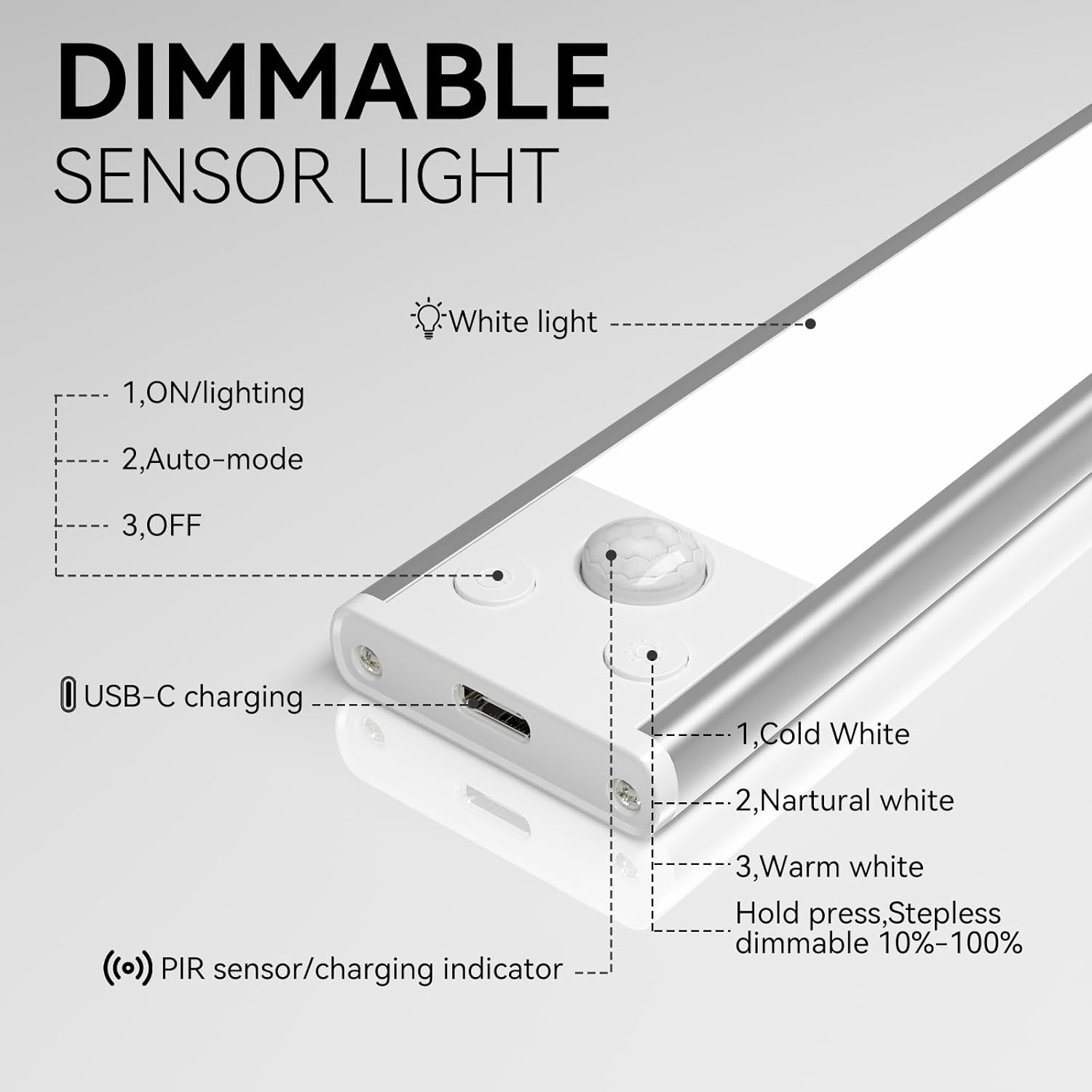 12inch Under Cabinet Lighting, 3 Color 2500mAh Magnetic Motion Activated Under Cabinet Lights, Rechargeable Closet Lights Battery Operated, Wireless Dimmable Under Counter Lights for Kitchen 2 Pack