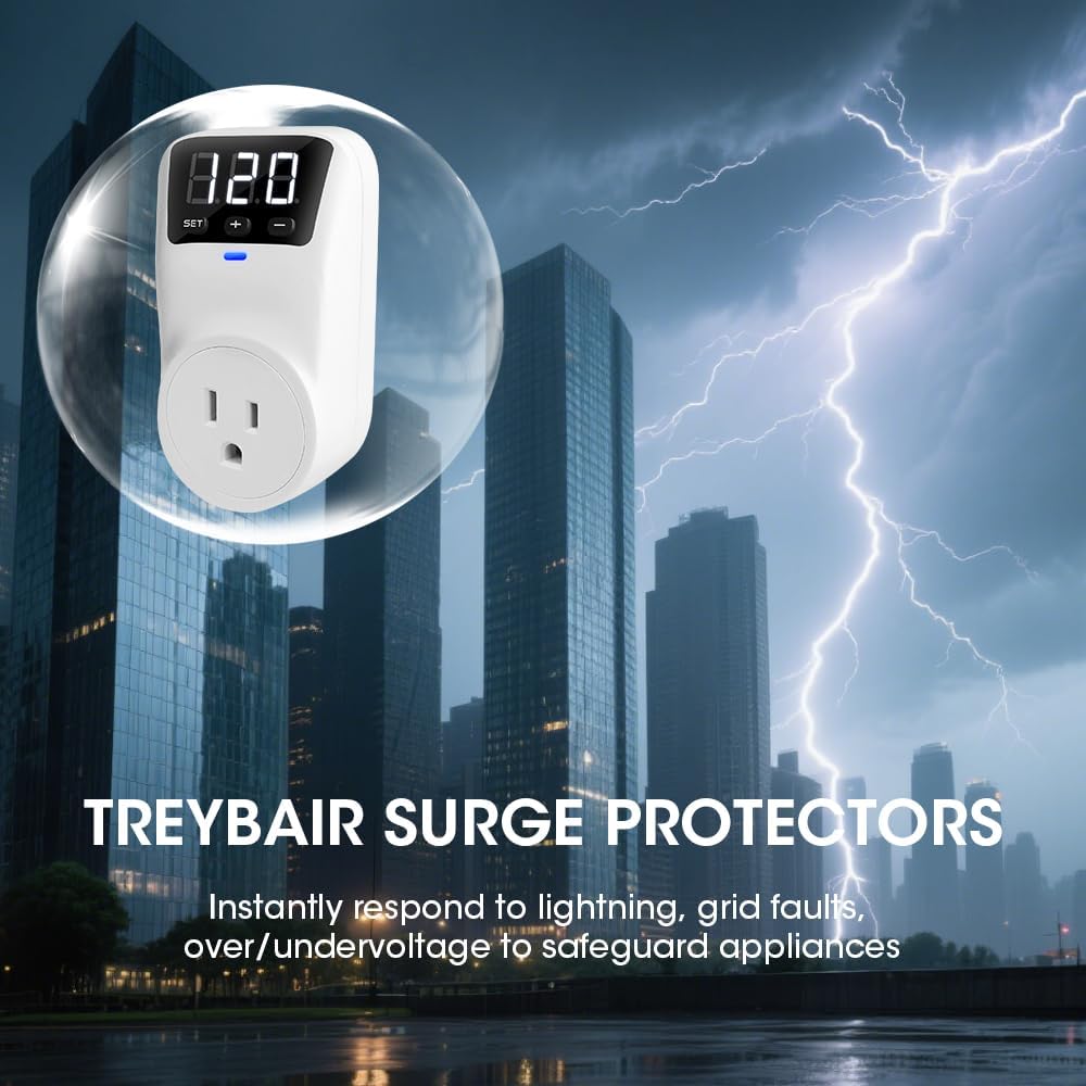 Surge Protector Voltage Stabilizers - Fireproof UL94V-1 Wall Mount Surge Protector Outlets for Refrigerator TV Appliances Real-Time Monitoring & Custom Voltage 80V-140V, 15A, 120V, 1800J,2 Pack