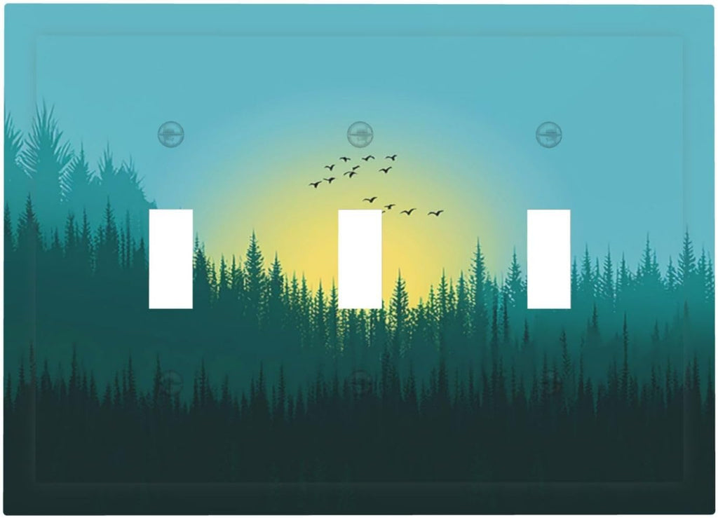 Green Forests And Birds Sun Woodland Decorative Switch Plates 3 Gang Wall Plate Triple Toggle Light Switch Cover Electrical Wall Panels Faceplate for Bedroom Bathroom Decor