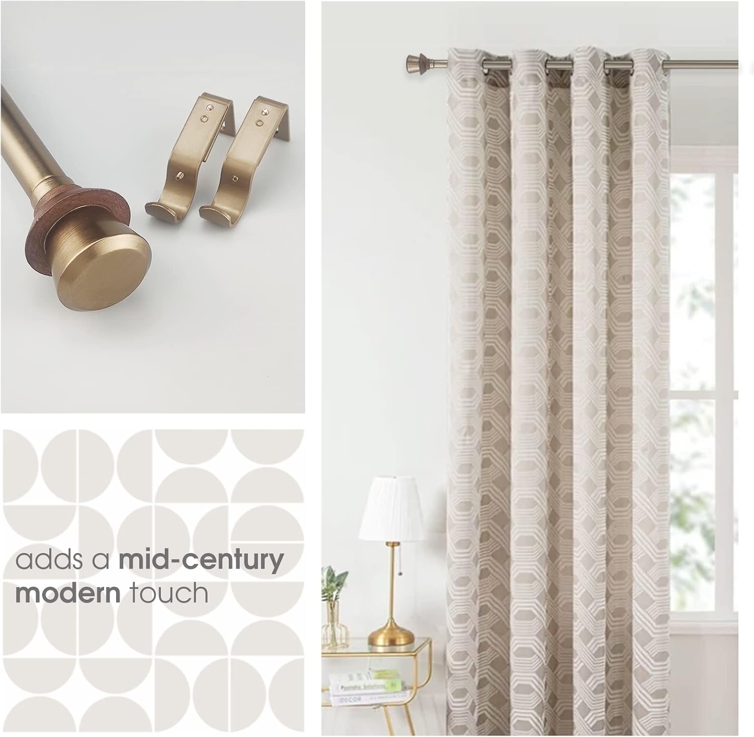 Modern Style Single Curtain Rod Set with Antique Brass Round Wood Look Finial, 36-72 in, Standard Single Whtie Drapery Rod for 1 Pack, 1 in diameter, Adjustable Length