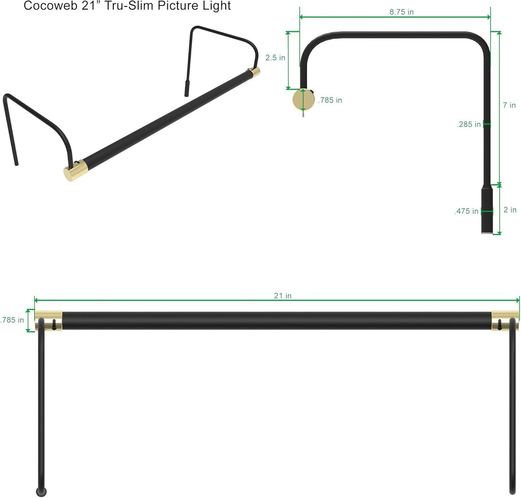 Cocoweb 21 Inch Tru-Slim Black and Brass Picture Light - LED, 2700K, Adjustable Arm, Plug-in, Toggle Switch, Sleek and Compact Design