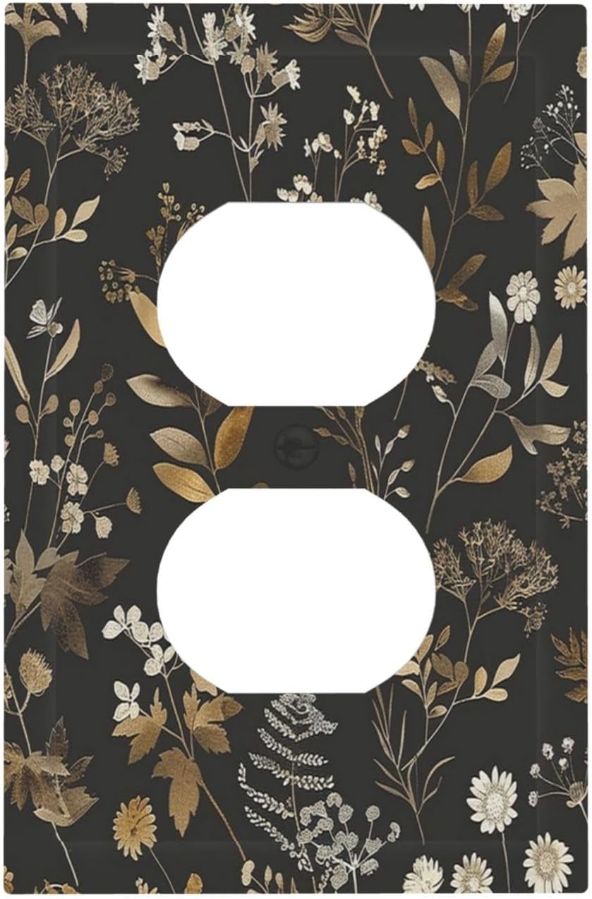 Outlet Covers Black Gold Floral Dark Leaves Vintage Flowers 1 Gang Duplex Light Switch Cover Decorative Switch Plates Electrical Receptacle Faceplate Wall Plate for Bed Room Home Decor