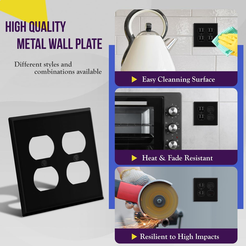 ENERLITES Double Duplex Receptacle Metal Wall Plate, Corrosion Resistant, Standard Size 2-Gang 4.50" x 4.57", Powder Coated Stamped Steel, 7722-BM, Black Matte