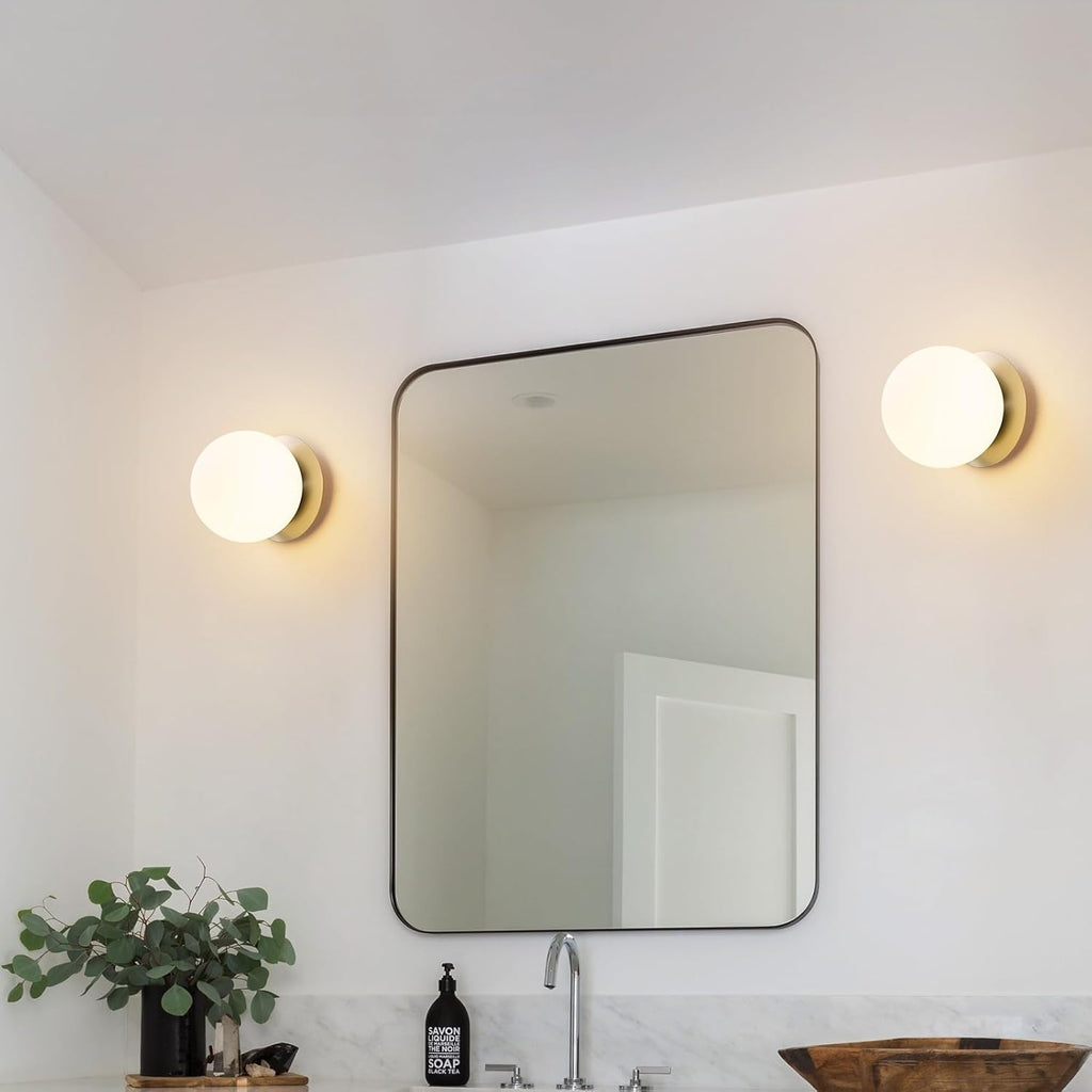 Modern Glass Globe Wall Sconce: Brushed Nickel Single Light with Milk Glass Shade - Minimalist Spherical Vanity Sconces over Mirror - Contemporary Ball Wall Lights Fixtures for Entryway Bulb Excluded