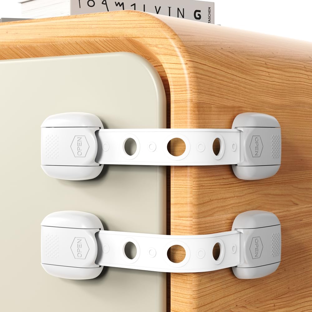Child Safety Strap Locks (3 Pack) Baby Locks for Cabinets and Drawers, Toilet, Fridge & More. Adhesive Pads. Easy Installation, No Drilling Required, White/Gray (White, 3 pcs (Pack of 1))