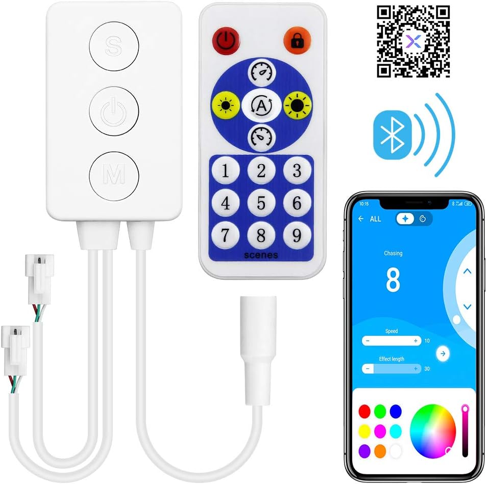 ALITOVE WS2812B Controller Bluetooth Music Sync WS2811 Addressable RGB LED Controller with RF Remote Dual Signal Output DC 5V~24V for SK6812 WS2812 SM16703 1903 3Pin Dream Color LED Pixel Strip Lights