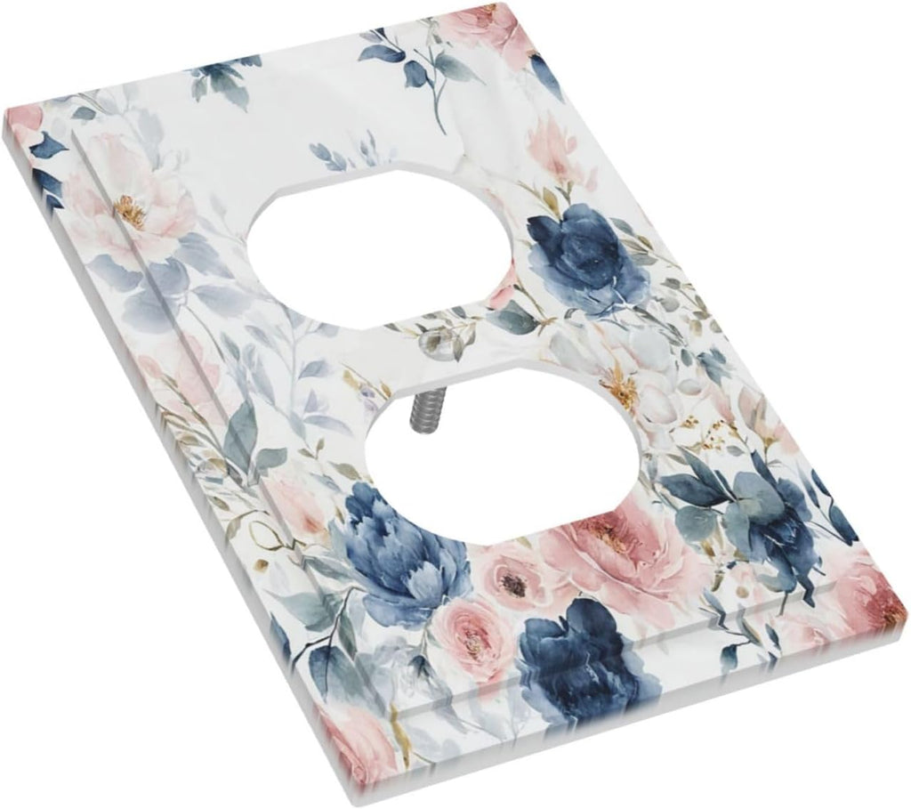 Elegant Watercolor Pink Blue Flowers Floral 1 Gang Duplex Receptacle Switch Wall Plate Decorative Switchplate Outlet Covers Electrical Plug Cover Faceplate for Bathroom Home Decor 5 X 3 IN