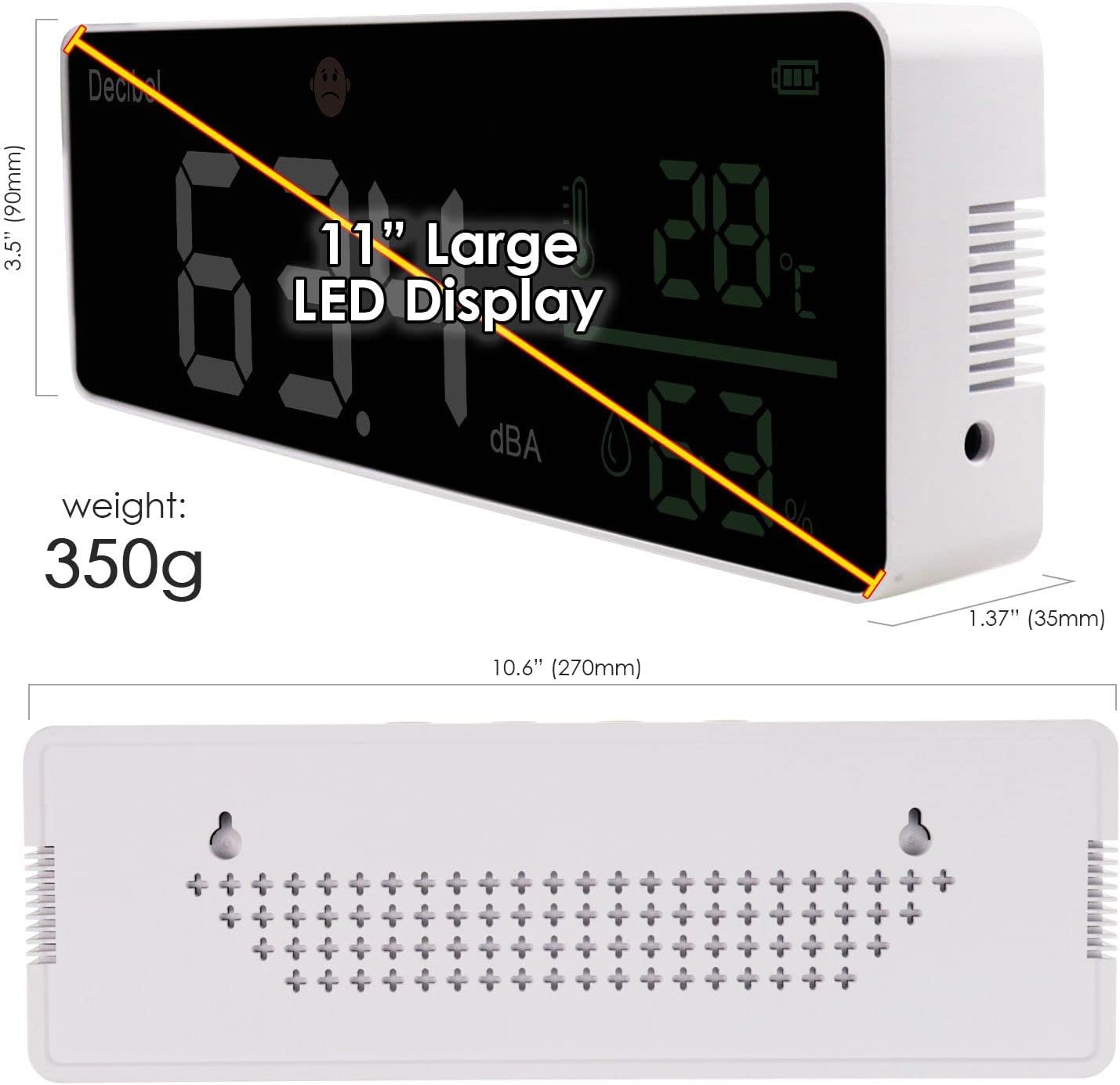 Decibel Meter Wall Hanging Sound Level Meter 11 inch Large LED Display Noise Temperature Humidity Meter with Alarm Icons Indicator Wide Applications for Classroom, Studio, Home, Factory