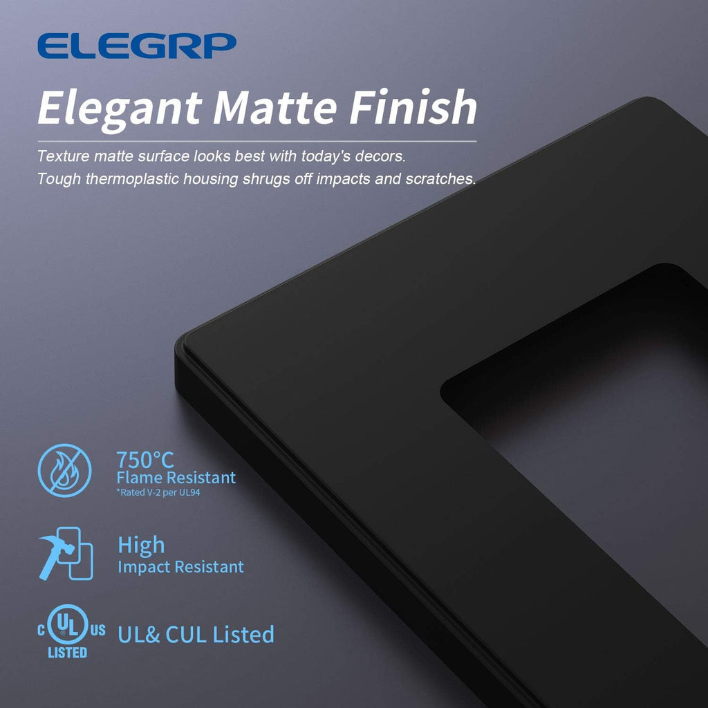 ELEGRP 1-Gang Screwless Decorative Wall Plates, Standard Size Unbreakable Thermoplastic Faceplate Cover for Decorator Receptacle Outlet Switch, UL Listed (10 Pack, Matte Black)