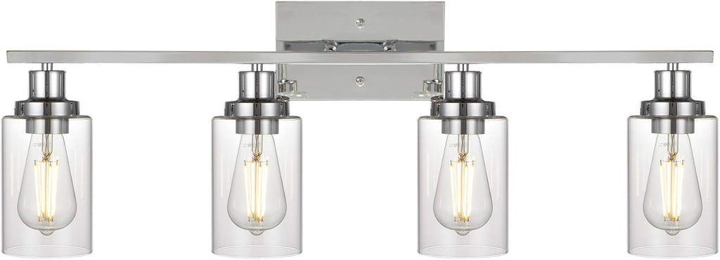 MELUCEE 4-Light Bathroom Lighting Fixtures with Clear Glass Shade Chrome Finish, Modern Vanity Light Wall Mount Lamp for Bedroom Dressing Table Mirror Cabinets Vanity Table (Patent No.: US D963914 S)