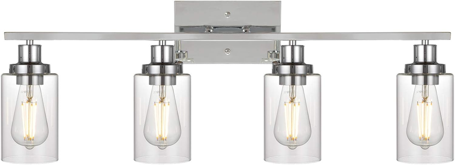 MELUCEE 4-Light Bathroom Lighting Fixtures with Clear Glass Shade Chrome Finish, Modern Vanity Light Wall Mount Lamp for Bedroom Dressing Table Mirror Cabinets Vanity Table (Patent No.: US D963914 S)
