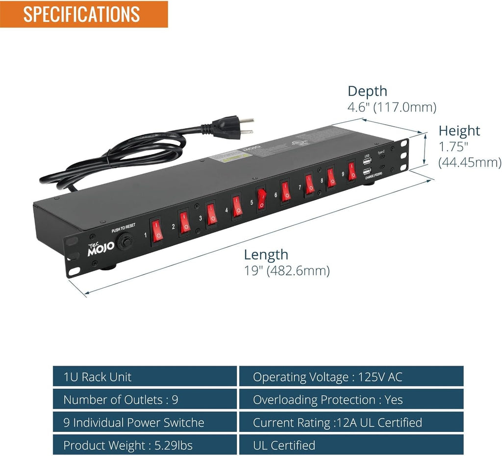 Tecmojo 9-Outlet Rack Mount Power Strip,1U Horizontal PDU Individual Switch 6ft Cord, with 2USB and 2 Type-C,for IT and Network Racks and Cabinets