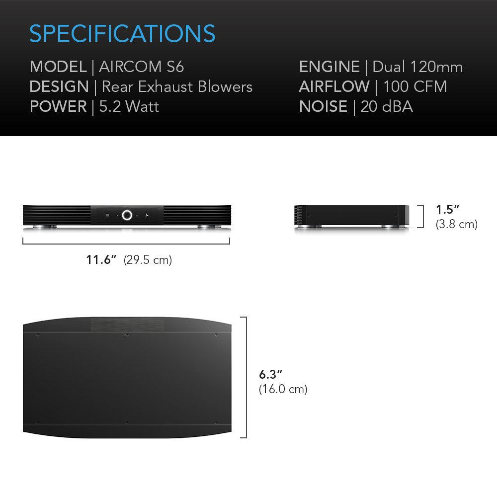 AC Infinity AIRCOM S6, Quiet Cooling Blower Fan System 12" Rear-Exhaust for Receivers, Amps, DVR, AV Cabinet Components