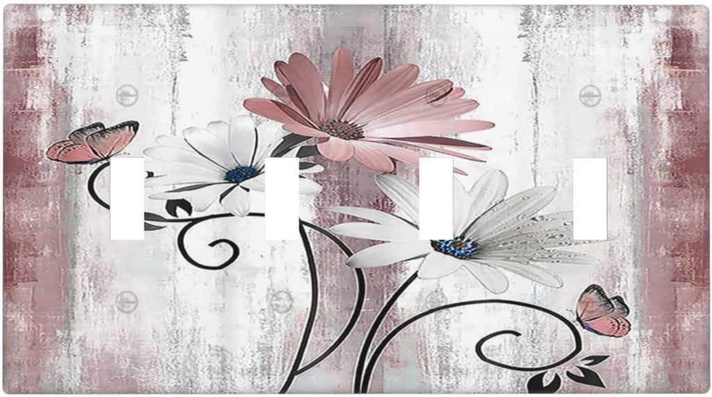 Light Switch Covers Pink White Daisy Butterfly Wood Grain Quad Toggle Electrical Faceplate 4 Gang Wall Plate Decorative Switch Plates for Farmhouse Bathroom Decor