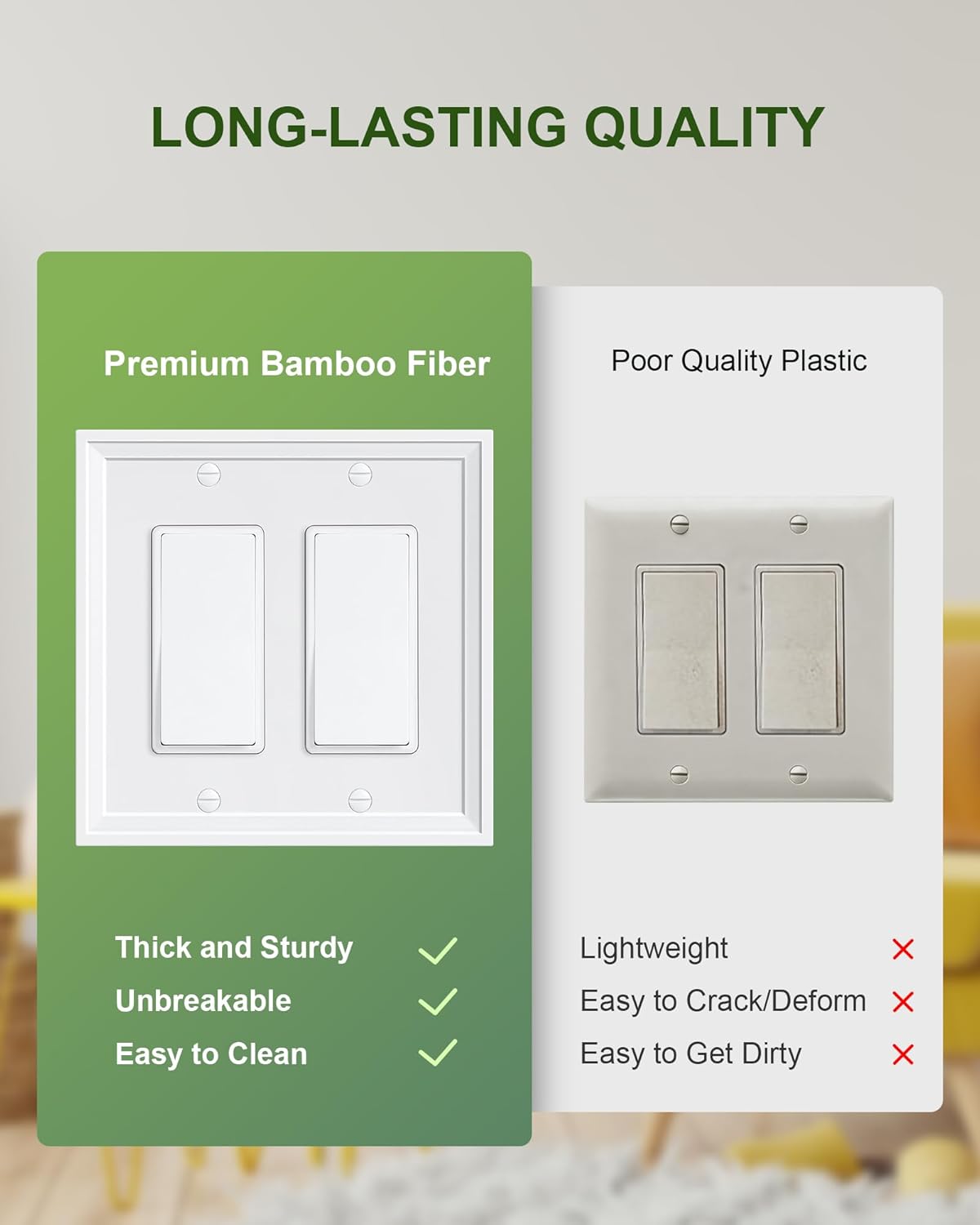 2-Pack Double Decorator Outlet Cover Plate, White Decorative Switch Plates and Outlet Covers, Natural Bamboo Fiber Wall Plates for Electrical Outlets, Receptacle, GFCI Outlet, Dimmer Switch
