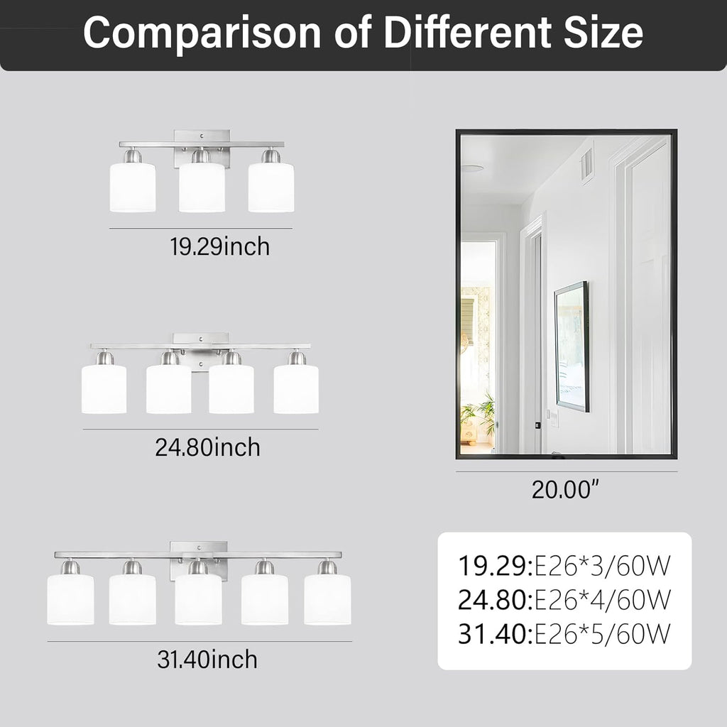 5 Light Bathroom Light Fixtures Brushed Nickel, Bathroom Vanity Light with Milky White Frosted Glass Shade, Vanity Lights for Mirror Bedroom Living Room E26 Base