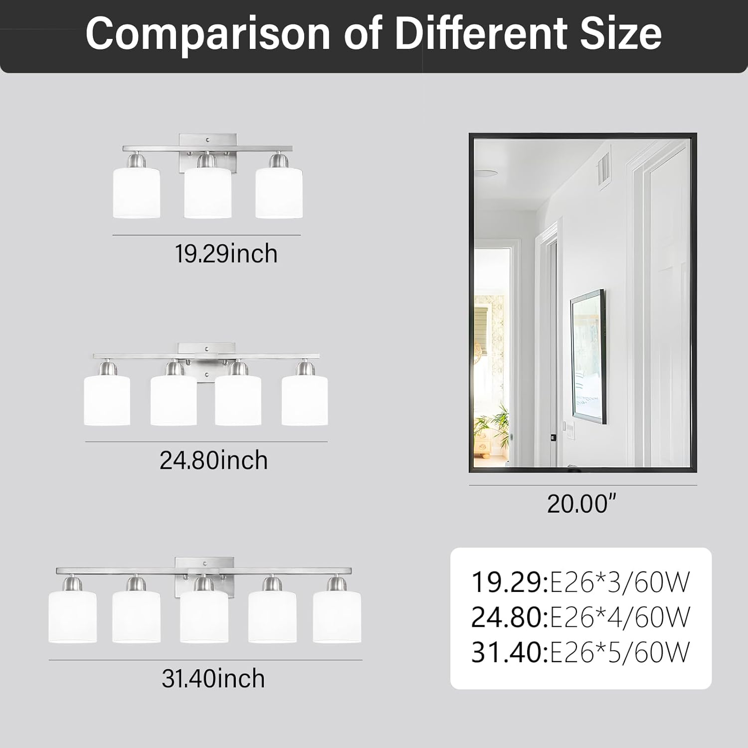 Brushed Nickel Bathroom Light Fixture, 3 Light Vanity Lights for Bathroom, Bath Lights with Milky White Frosted Glass Shades, E26 Socket