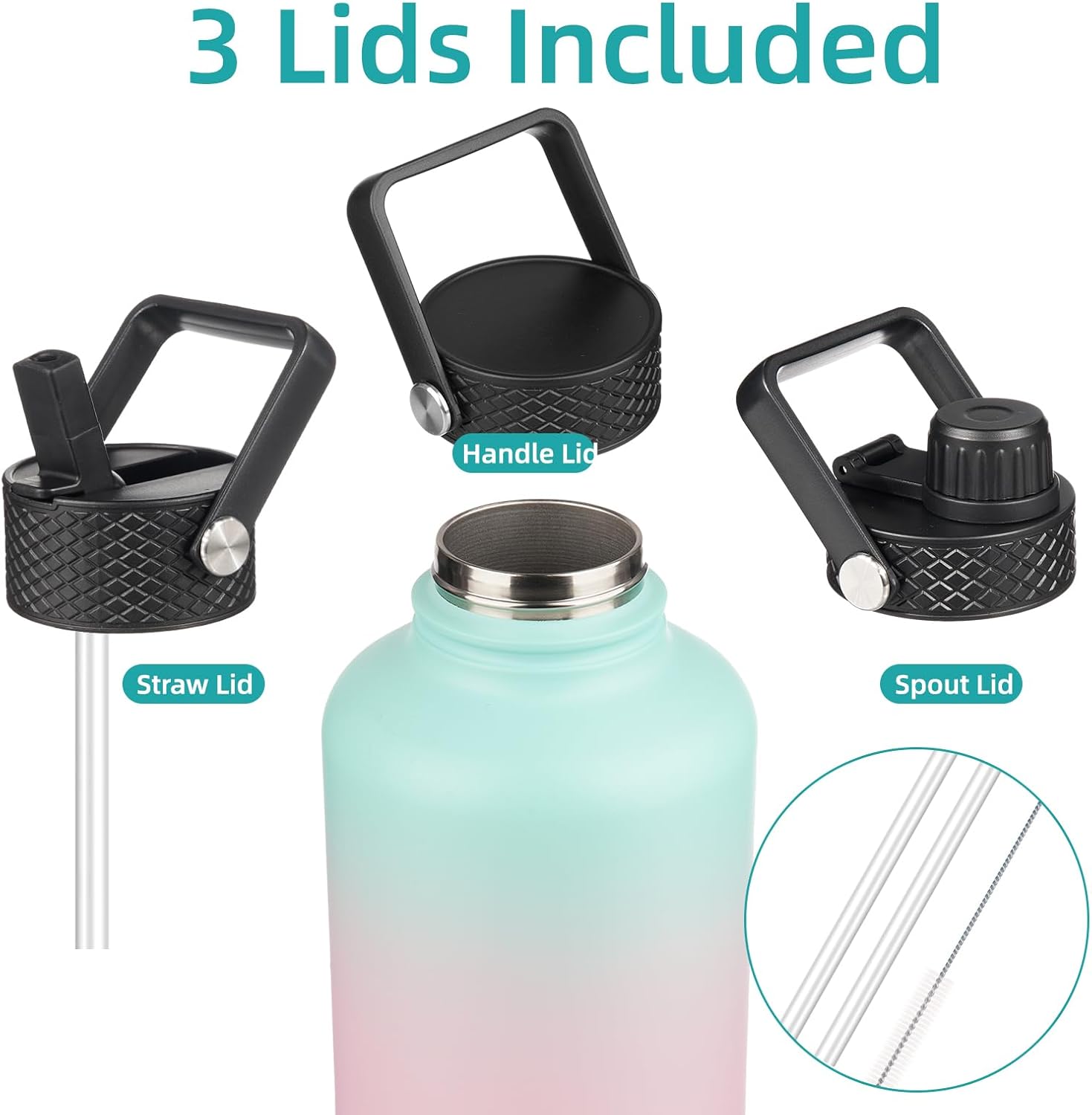 Half Gallon Insulated Water Bottle with Straw,64 oz 3 Lids Water Jug with Carrying Bag,Paracord Handle,Double Wall Vacuum Stainless Steel Metal Flask,Gum