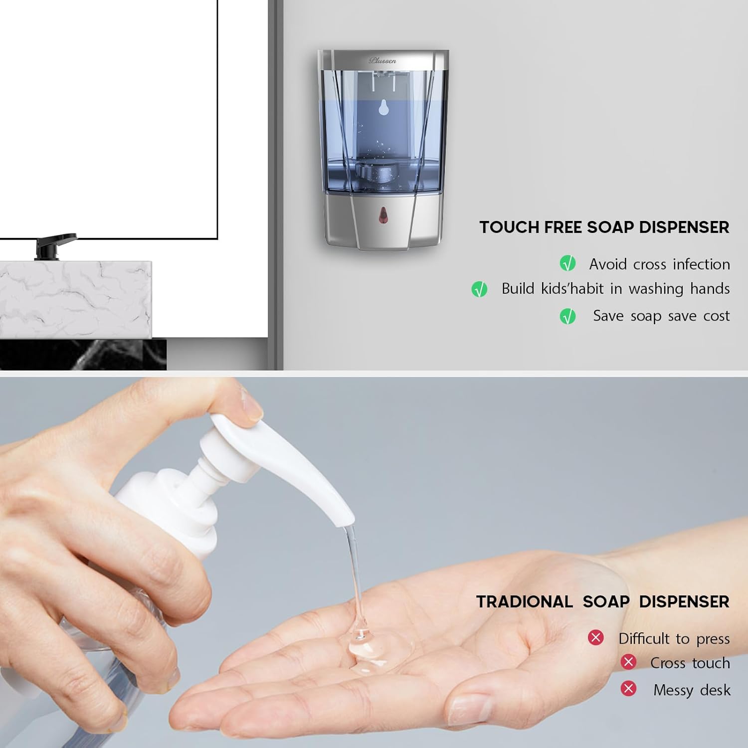 Soap Dispenser Wall Mount, Automatic Hand Sanitizer Dispenser 600ml Gel n Liquid Touchless Commercial Wall Soap Dispenser for Bathroom,Silver-600ml