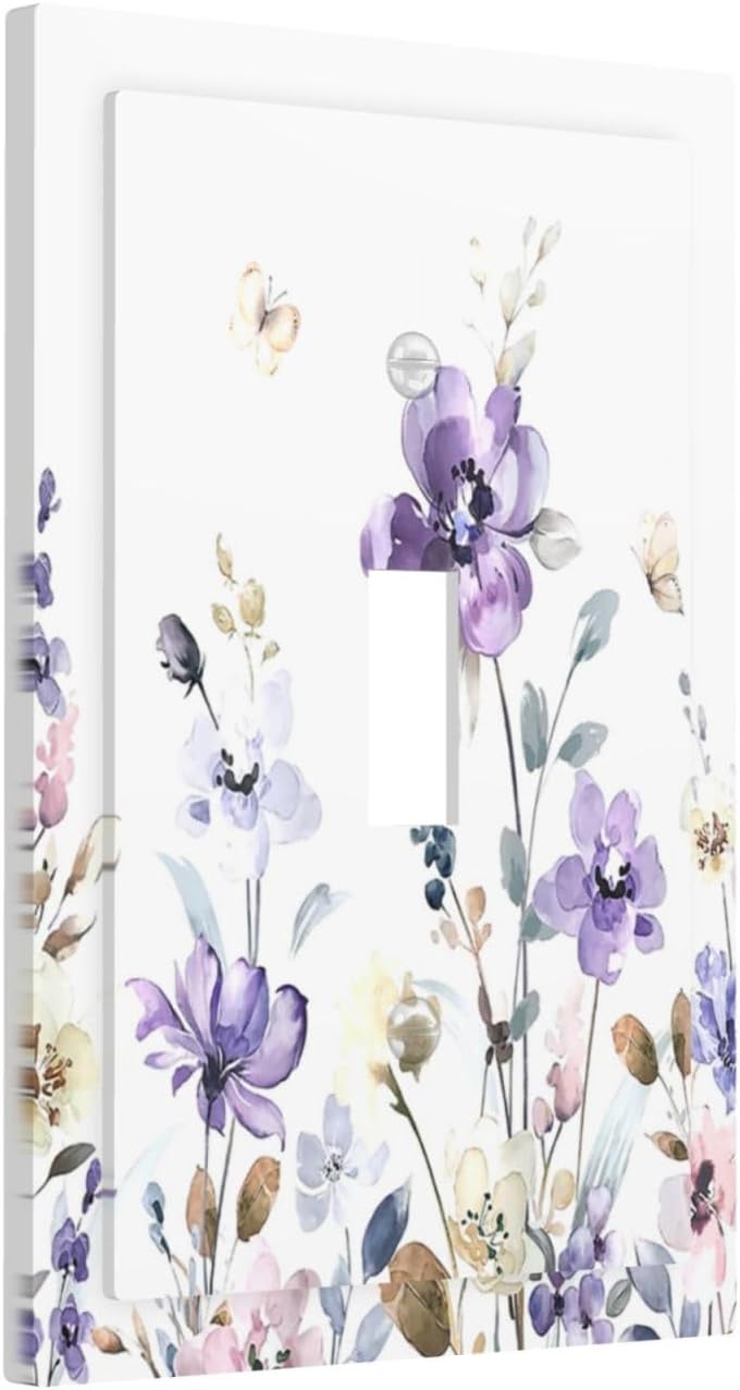 Decorative Light Switch Cover Purple Floral Lilac Watercolor Flower Leaves Butterfly Wildflower 1 Gang Single Toggle Decorator Outlet Wall Plate Device Electrical Faceplate Switchplates for Bedroom