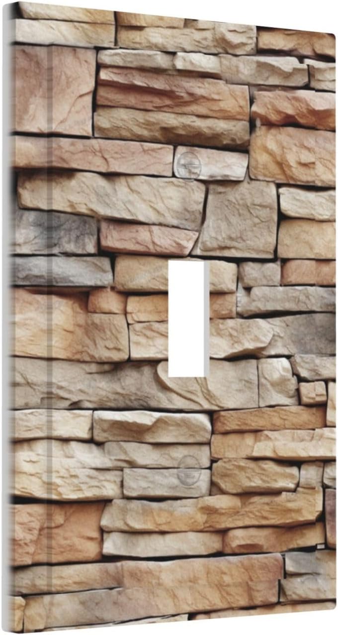 Decorative Light Switch Cover Stone Textured Brown Brick Natural Stone 1 Gang Single Toggle Device Electrical Faceplate Switchplates Decorator Outlet Wall Plate For Farmhouse Cabin Decor
