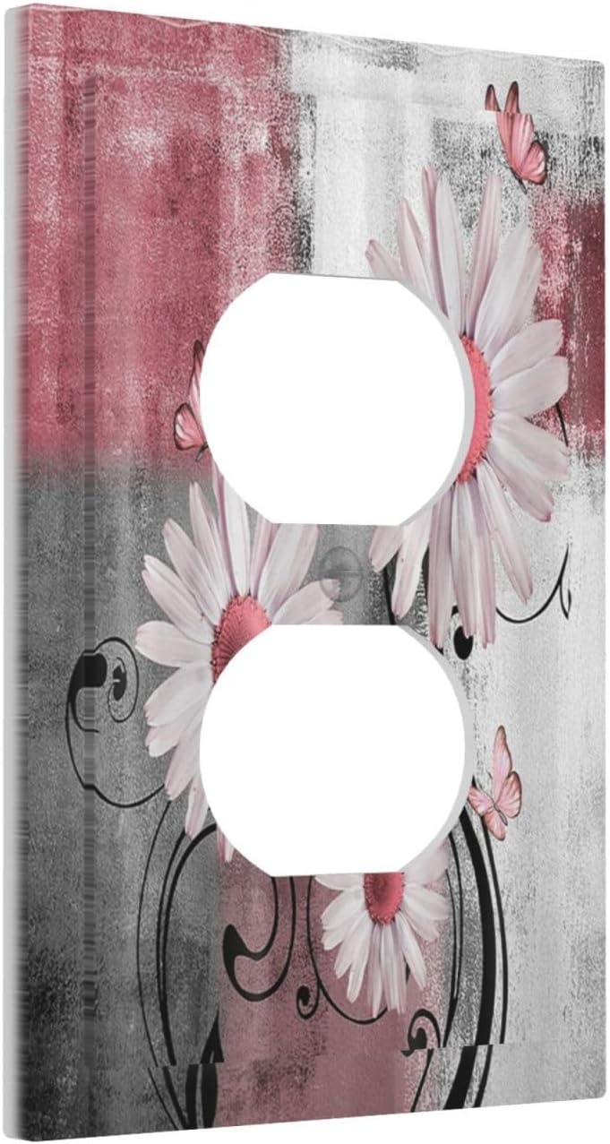 Outlet Covers Pink Floral Rustic Daisy Flower And Butterfly 1 Gang Duplex Electrical Receptacle Faceplate Light Switch Cover Wall Plate Decorative Switch Plates for Farmhouse Cabin Decor