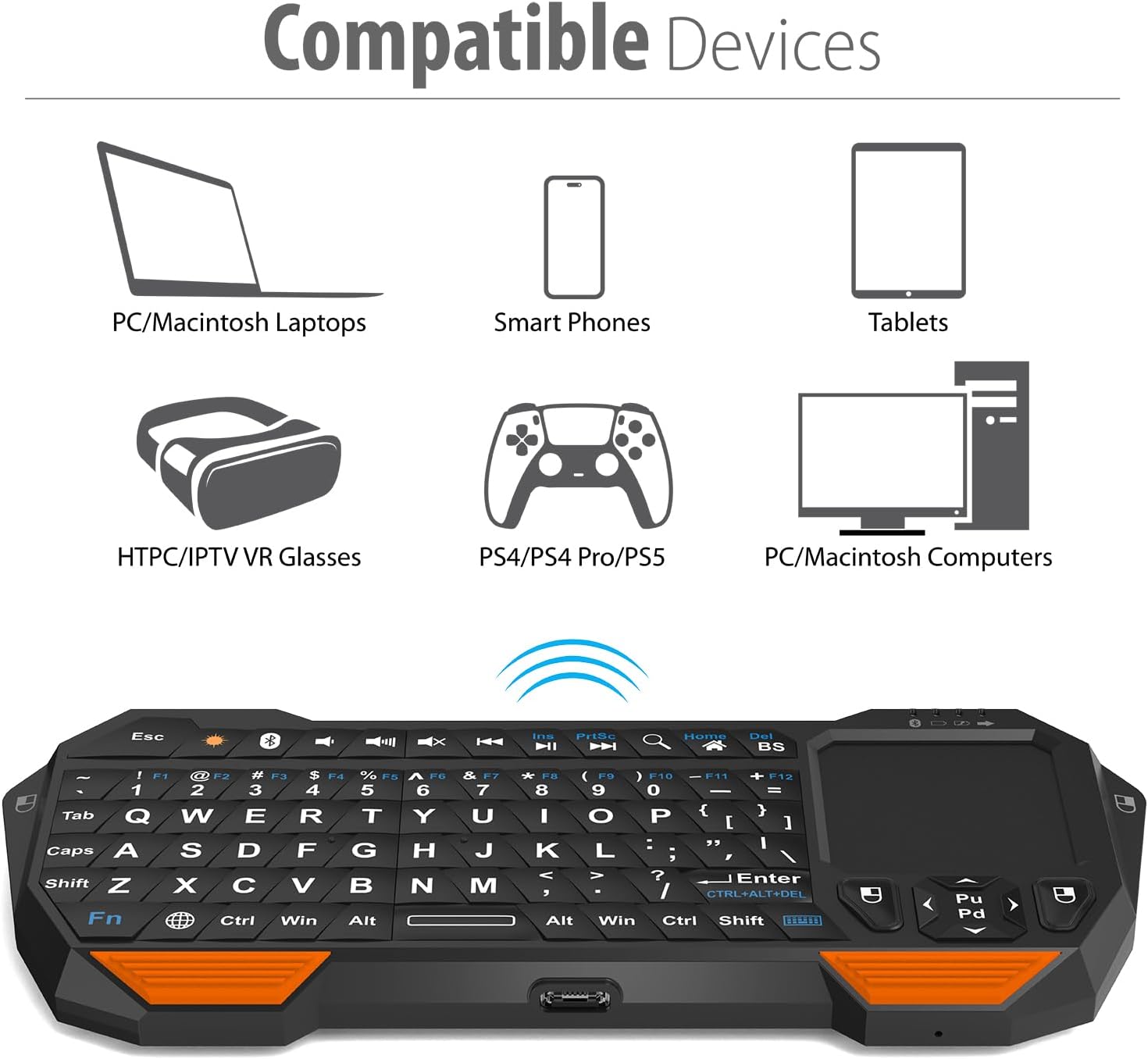 Fosmon Mini Bluetooth Keyboard (QWERTY Keypad), Wireless Portable with Touchpad, Compatible with Apple TV, Amazon Fire Stick, PS4, PS4 Pro, PS5, HTPC/IPTV, VR Glasses, Smartphones