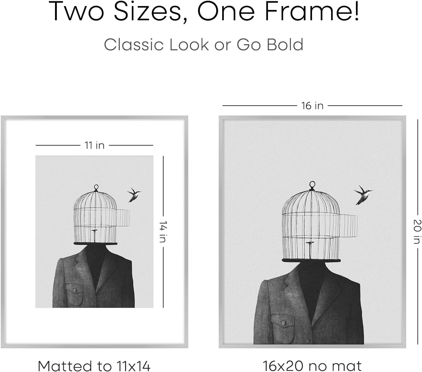 Homeforia 16 x 20 Picture Frame Silver, High End Metal 16 x 20 Frames with Mat 11 by 14 Photo, 16x20 Silver Poster Frame Matted to 11x14 Print, 20x16 Hanging Frames, Tempered Glass, Wall Kit, Set of 3
