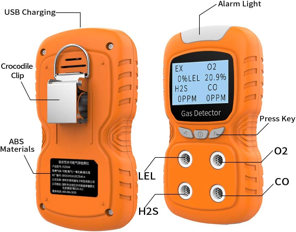Portable Gas Detector, Gas Clip 4 Gas Monitor Meter Tester Analyzer, Rechargeable LCD Display Sound Light Shock Air Quality Tester, 2 Year Detector…