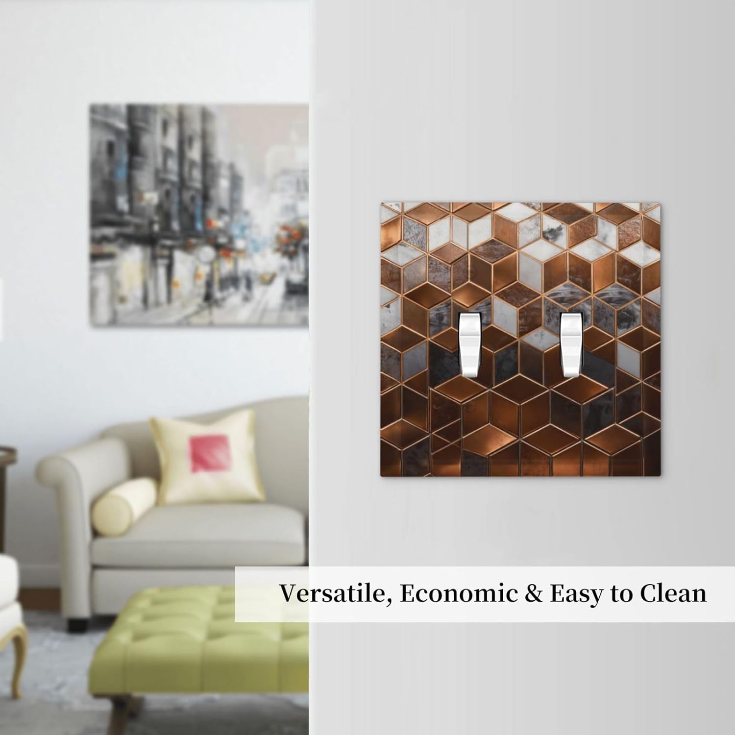 Brown Abstract Luxury Modern Geometric Cubic Marble 2 Gang Double Toggle Decorative Light Switch Covers Electrical Faceplate Switch Plates for Bathroom Kitchen Home