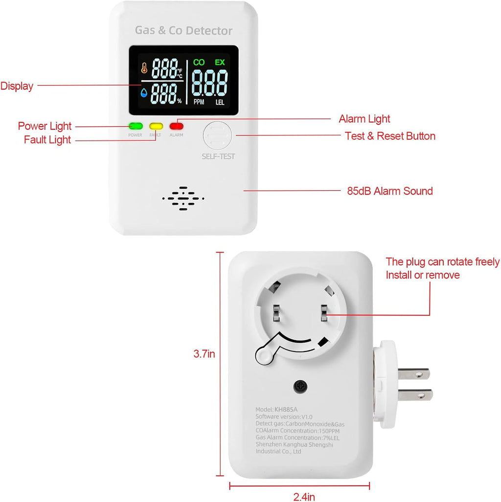 Combination Natural Gas & Carbon Monoxide Detectors,4-in-1 Real-time Display & Monitor,Low-Concentration Detect,Plug in Propane Detector & CO Alarm, for Home,Camping,RV,Apartment