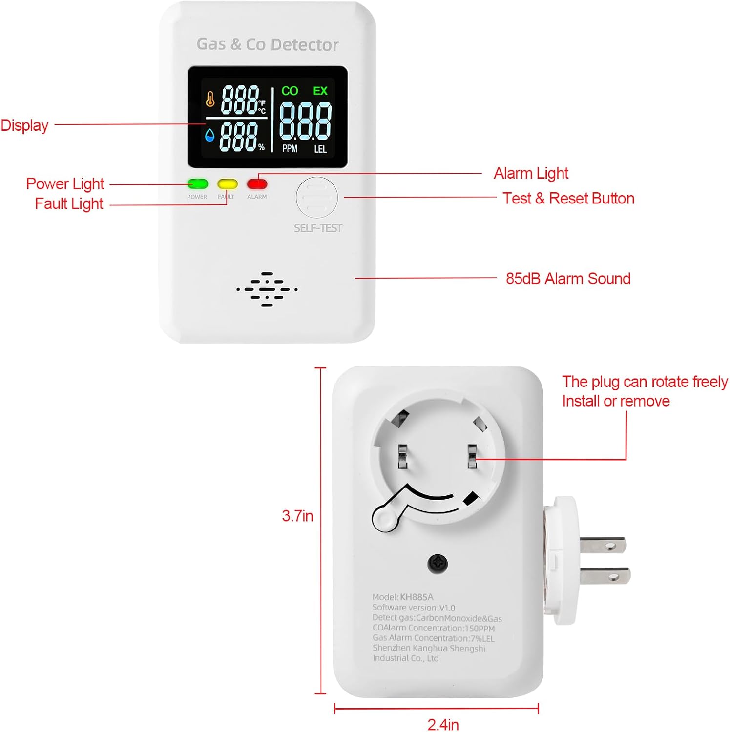 Combination Natural Gas & Carbon Monoxide Detectors,4-in-1 Real-time Display & Monitor,Low-Concentration Detect,Plug in Propane Detector & CO Alarm, for Home,Camping,RV,Apartment