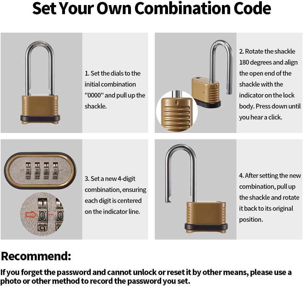 4 Digit Combination Lock, Heavy Duty Combo Padlock with Long Shackle for Outdoor Use,Sheds, Locker, Storage Unit, Gym and Gate