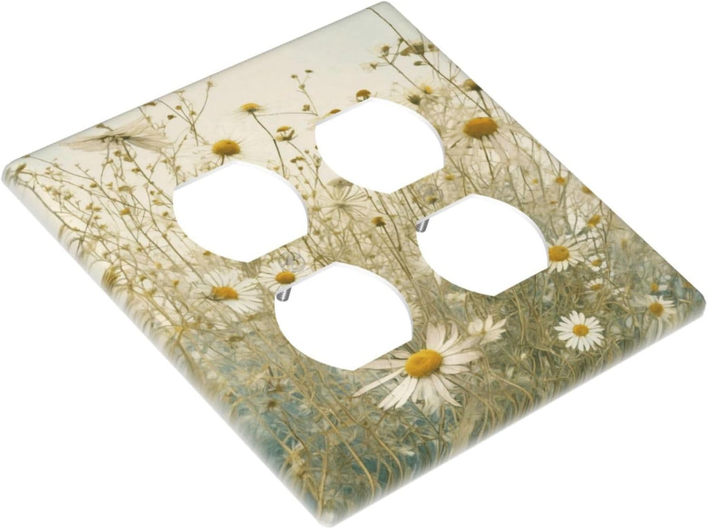White Wildflowers Daisy Vintage Floral Outlet Covers 2 Gang Double Duplex Decorative Light Switch Covers Electrical Wallplates Socket Faceplate for Bed Room Living Room Decor