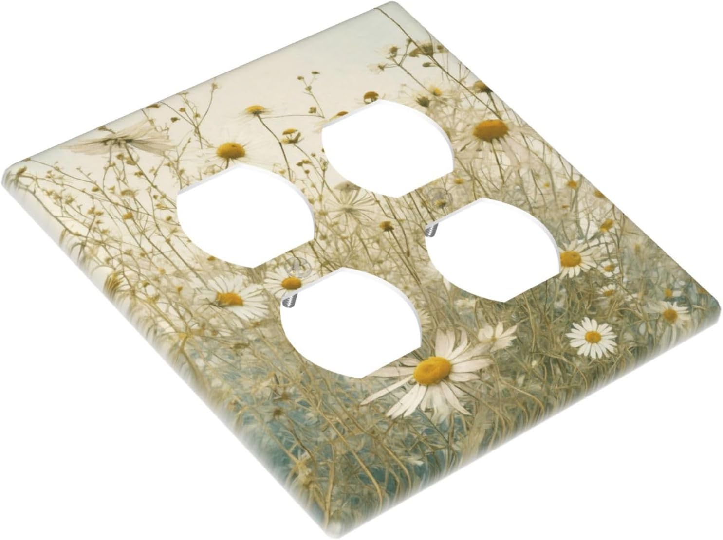 White Wildflowers Daisy Vintage Floral Outlet Covers 2 Gang Double Duplex Decorative Light Switch Covers Electrical Wallplates Socket Faceplate for Bed Room Living Room Decor