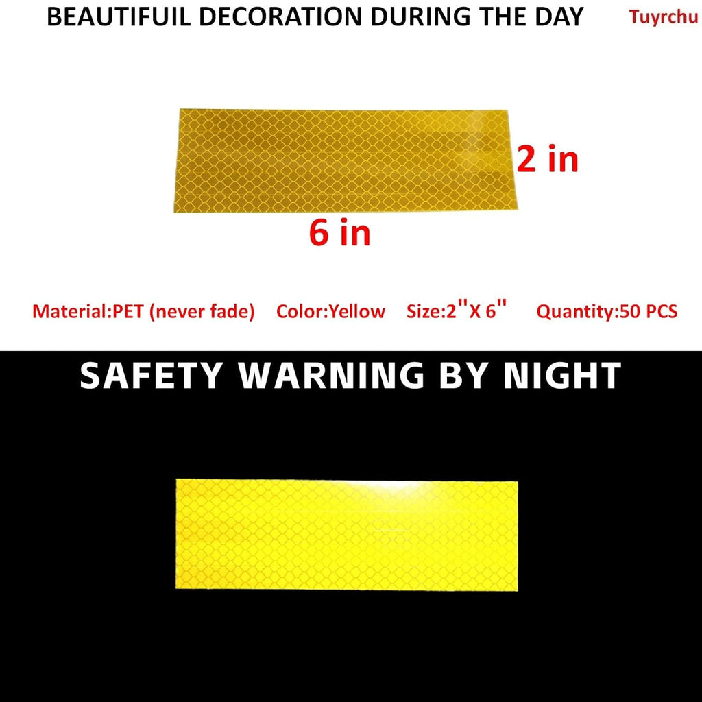 Non Fading Yellow Reflective Stickers 2 inch X 6 inch, Outdoor Waterproof High Visibility Warning Safety Adhesive Reflector Tape (50 Pcs)