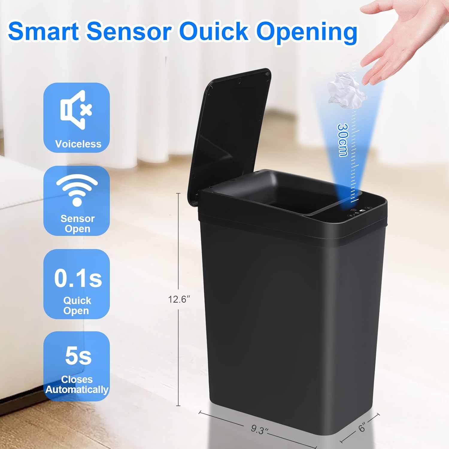 Bathroom Touchless Trash Can 2.2 Gallon Smart Automatic Motion Sensor Rubbish Can with Lid Electric Narrow Small Garbage Bin for Kitchen, Office, Living Room, Toilet, Bedroom, RV