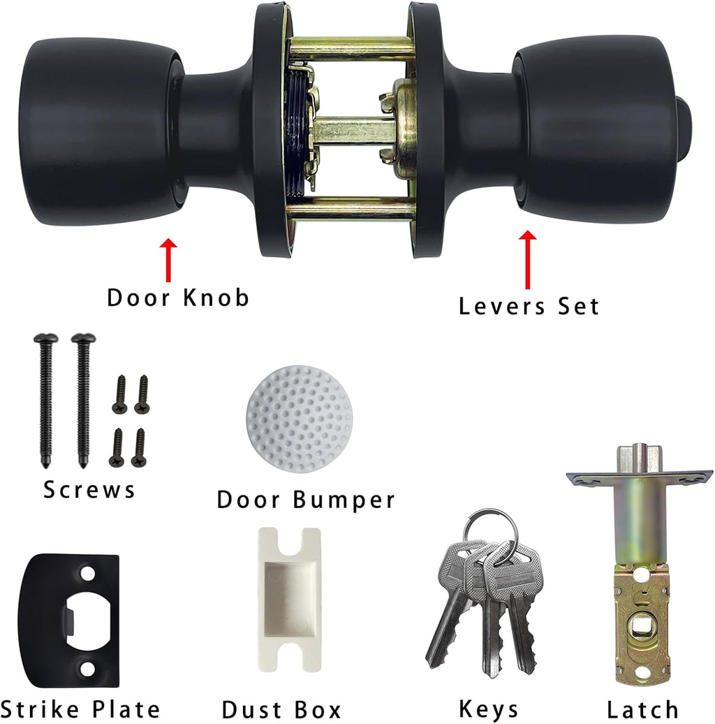 JO.KO Door Knob with Lock and Keyed, Round Ball Lock Interior/Exterior Door Knob for Bedroom Or Bathroom/Entry Door Handle (Matte Black 3Pack)