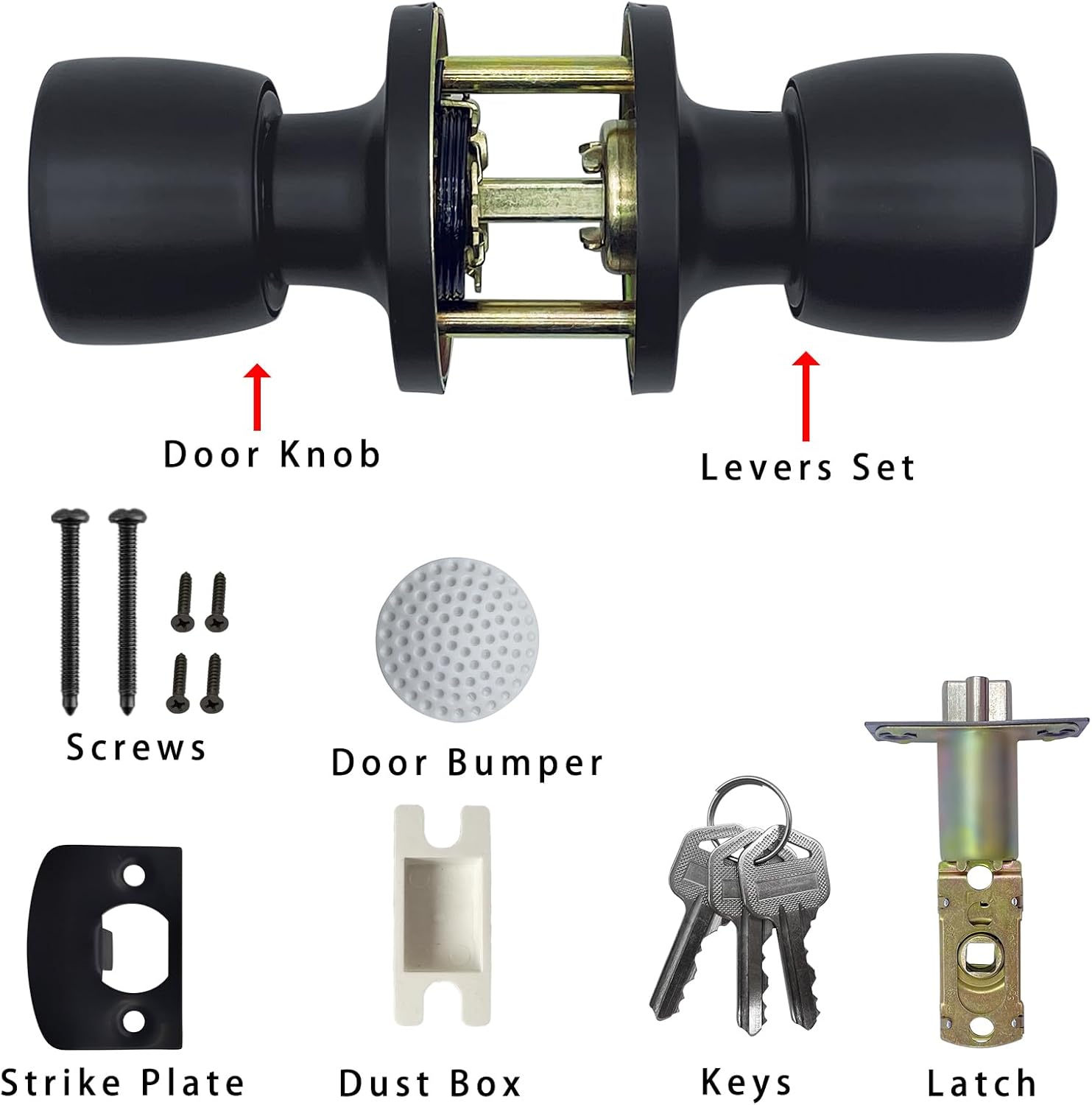 JO.KO 2 Pack Door Knob with Lock and Key, Round Ball Lock Interior/Exterior Door Knob for Bedroom Or Bathroom/Entry Door Handle (Matte Black 2Pack)