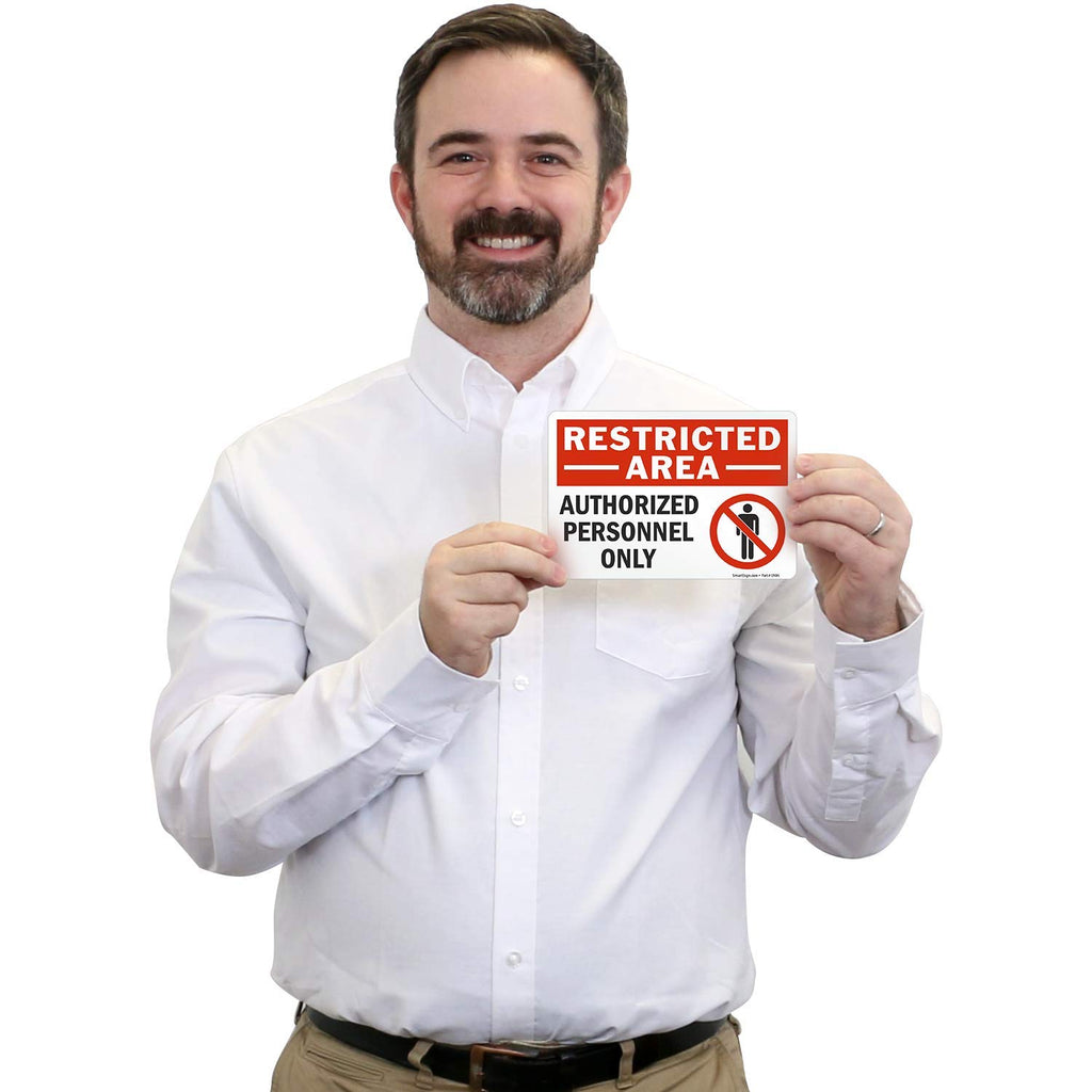 SmartSign (Pack of 4) 5 x7 inch “Restricted Area - Authorized Personnel Only” Sticker Labels with Symbol, 5 mil Laminated Polyester with SuperStick Adhesive, Red, Black and White, Made in USA