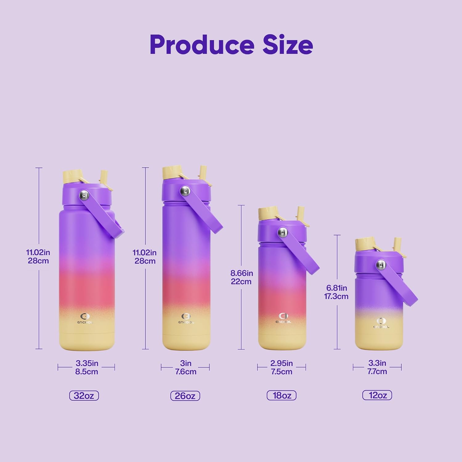 ENCOOL Insulated Water Bottle with Straw Stainless Steel Water Bottle, Leak-Proof, BPA-Free, Double Wall Vacuum Keeps Cold for 24 Hours for Sports, Travel, School (26 oz, Peach Dream)